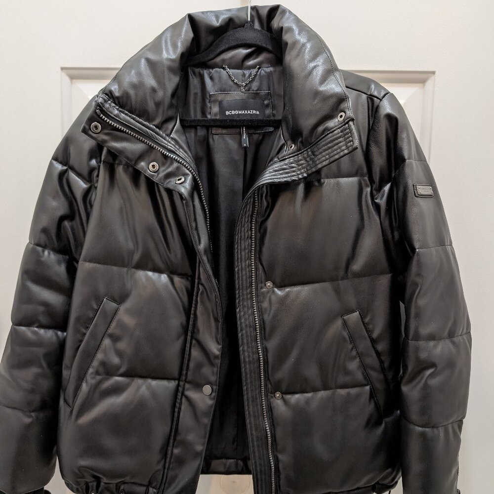 BCBG Faux leather black puffer coat